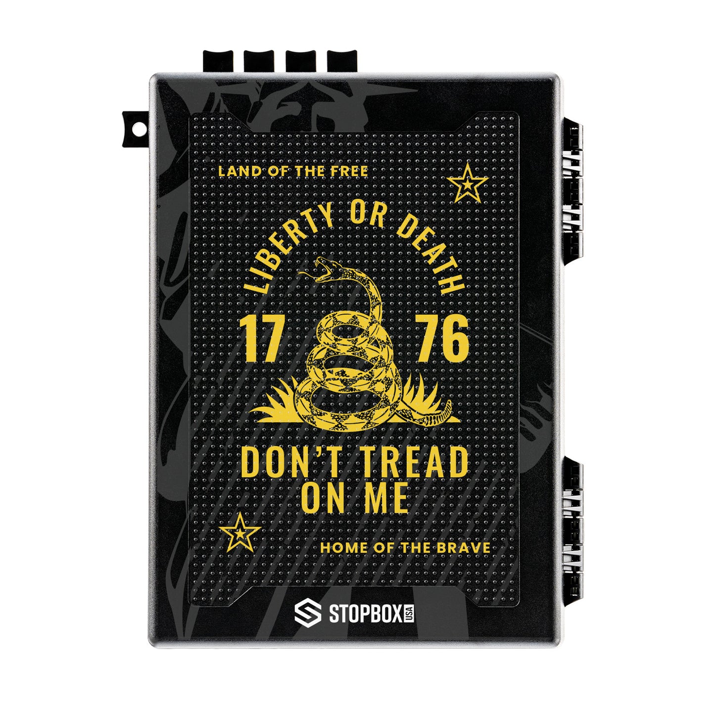 StopBox "Don't Tread on me" design secure lockbox with mechanical entry system