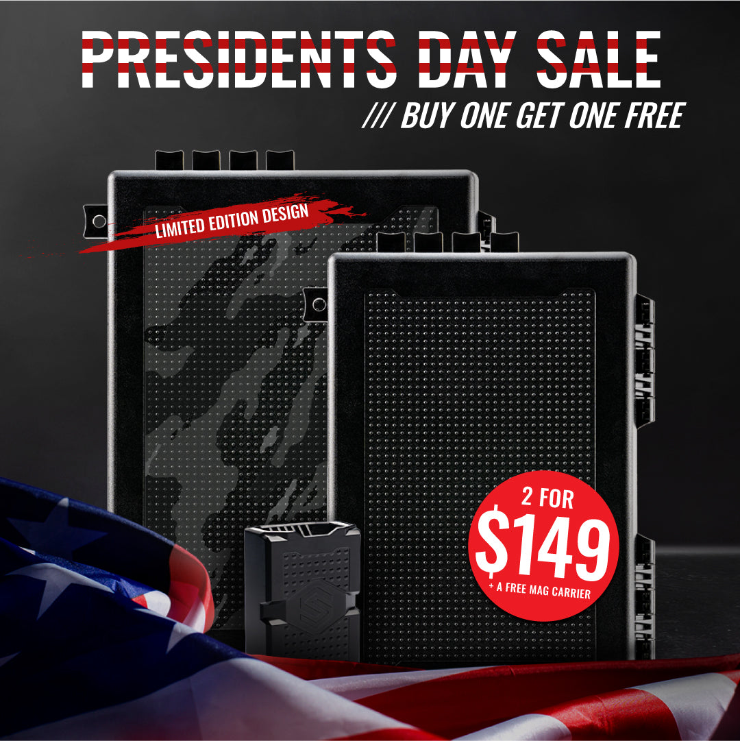 StopBox bundle featuring two black boxes with a textured surface, on a backdrop of an American flag.