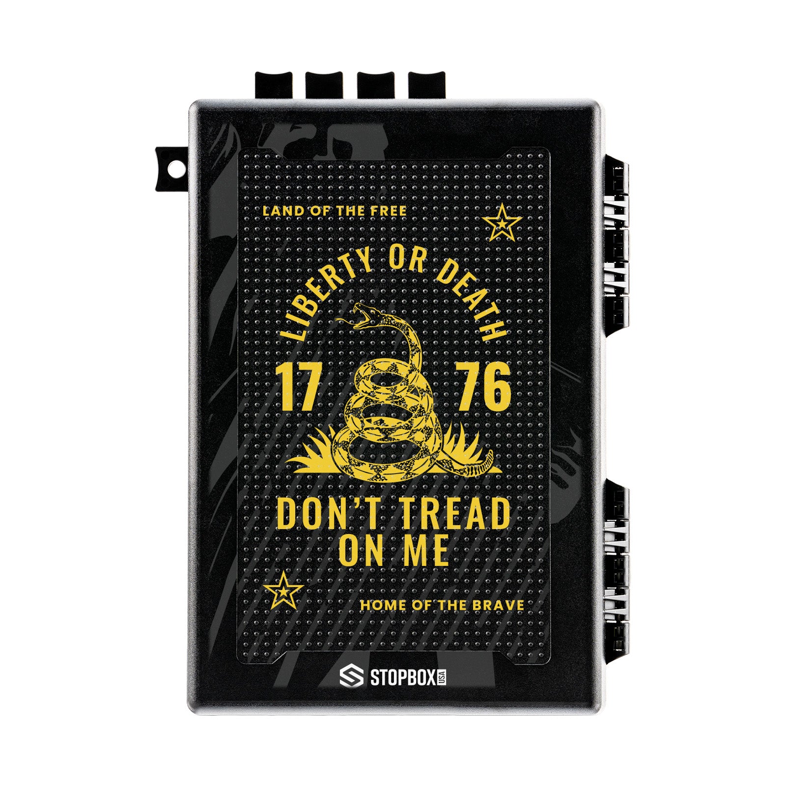 STOPBOX COMPACT featuring a black design with a yellow snake and text "Liberty or Death" and "Don't Tread on Me.