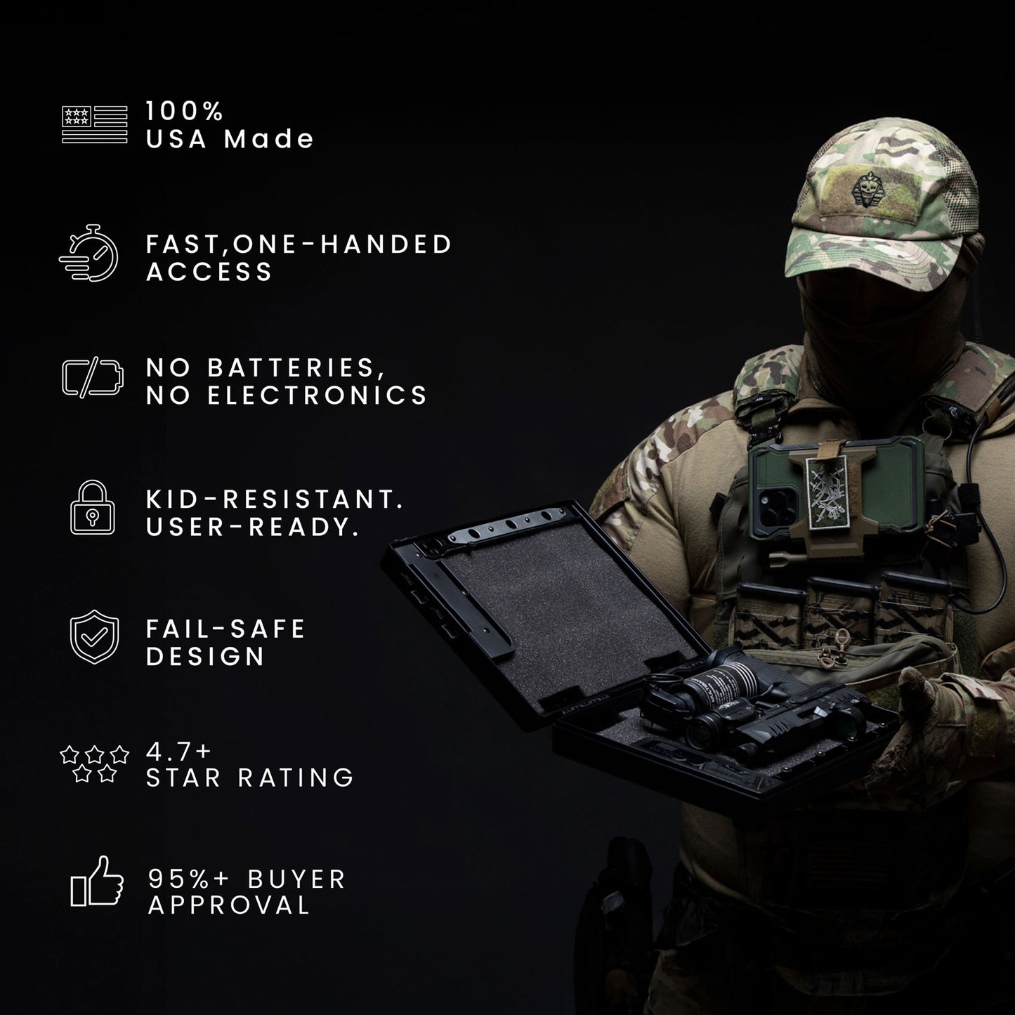 STOPBOX PRO features a tactical design with a black case, worn by a person in camouflage gear, showcasing key features.