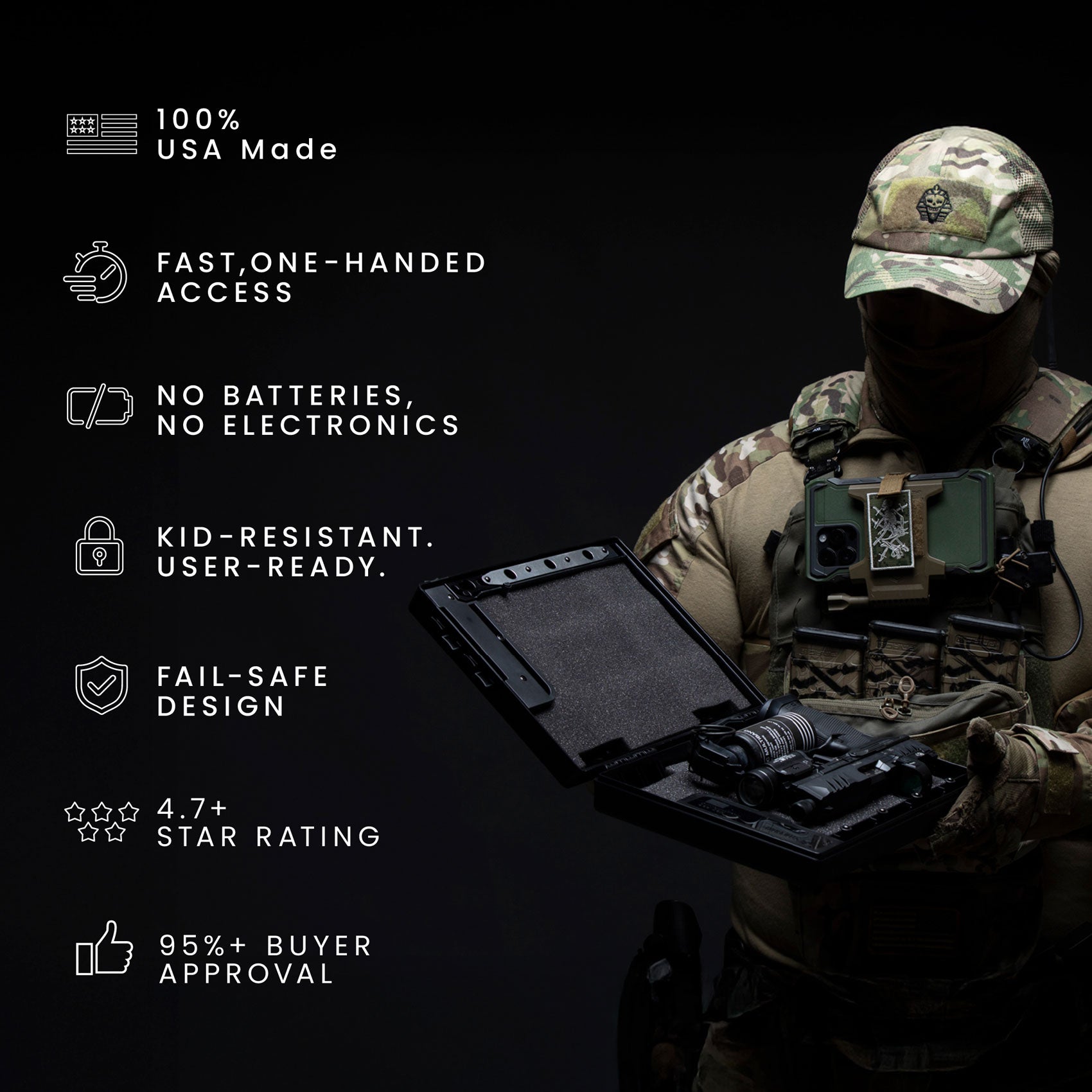 STOPBOX PRO features a tactical design with a black case, worn by a person in camouflage gear, showcasing key features.