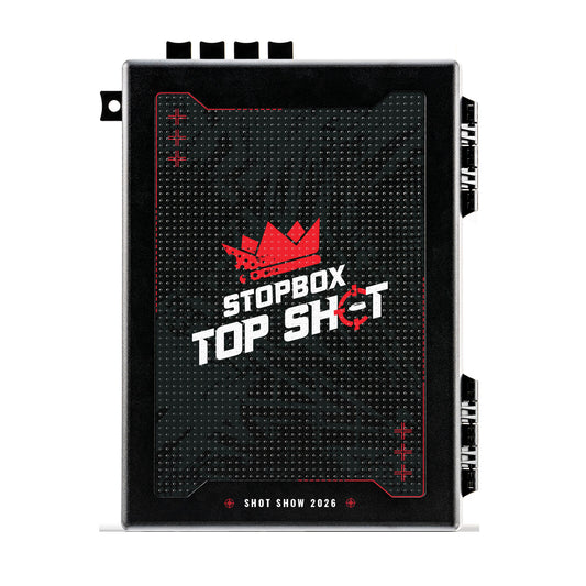 STOPBOX PRO CUSTOM TOPSHOT in black with red accents, featuring a textured surface and logo, designed for Shot Show 2026.