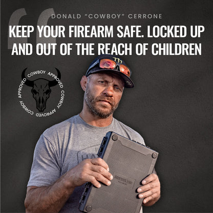 STOPBOX PRO firearm storage case with a textured surface, featuring Donald Cerrone promoting safety and child protection.