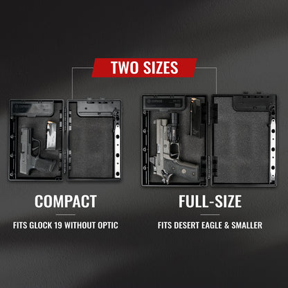 STOPBOX PRO showing two sizes: compact for Glock 19 and full-size for Desert Eagle, with interior padding visible.